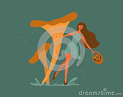 Mushroom autumn harvest isolated vector illustration with young woman dancing hugging chanterelles stipe Vector Illustration