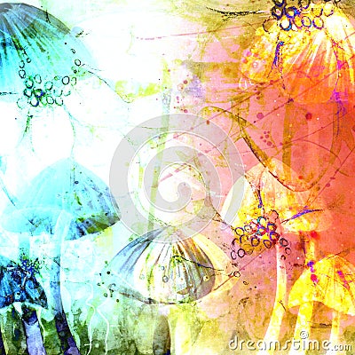 Mushroom Caps Abstract Watercolor Grunge Background Illustrations Stock Photo