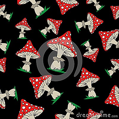 Mushroom Cartoon seamless background. Amanita Vector Illustration