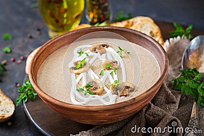 Mushroom cream soup. Vegan food. Dietary menu. Stock Photo