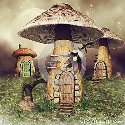 Mushroom fairy houses on a meadow Stock Photo