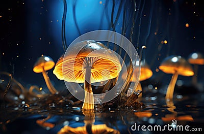 Mushroom. Fantasy Glowing Mushrooms in mystery dark forest close-up. Beautiful macro shot of magic mushroom, fungus Stock Photo