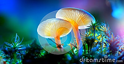 Mushroom. Fantasy glowing mushrooms in mystery dark forest Stock Photo