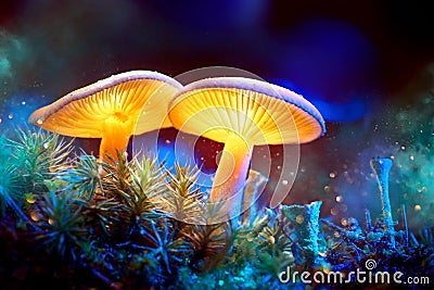 Mushroom. Fantasy glowing mushrooms in mystery dark forest Stock Photo