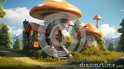 Mushroom fantasy house illustration, nature fairy home, fairy tale forest, magical, cottage, tree Cartoon Illustration