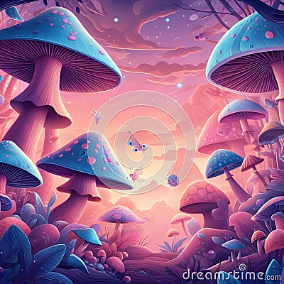 mushroom forest in a fairytale land with huge blue and pink mushrooms. Stock Photo