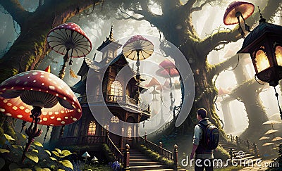 Mushroom forest of fly agaric in dense fog, created using artificial intelligence Stock Photo
