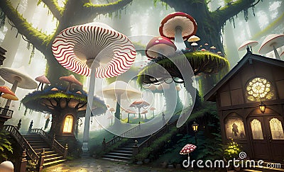 Mushroom forest of fly agaric in dense fog, created using artificial intelligence Stock Photo