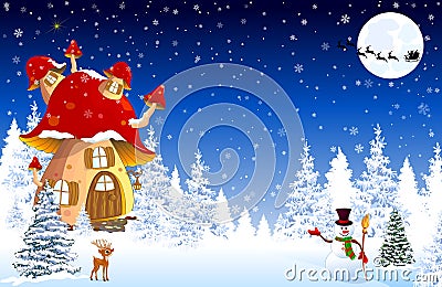 Mushroom house snow trees night Christmas Vector Illustration