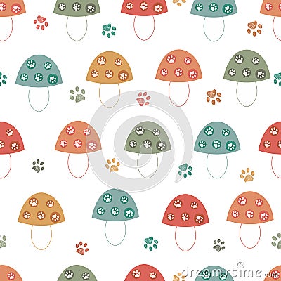 Mushroom made of paw prints creative cat dog lovers seamless fabric design pattern for textile Vector Illustration