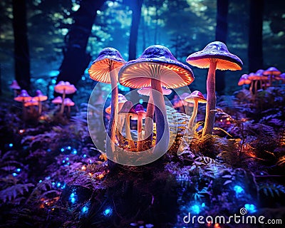 mushroom patch on the forest floor. Cartoon Illustration