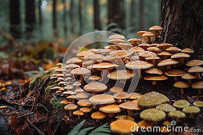 A mushroom patch, hundreds of varieties of psychedelic mushrooms growing on logs in a forest. Safe natural medicine, unregulated Stock Photo