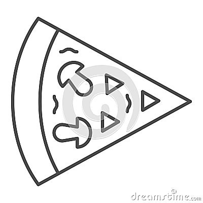 Mushroom pizza slice thin line icon. Piece of bun, food portion with mushrooms symbol, outline style pictogram on white Vector Illustration