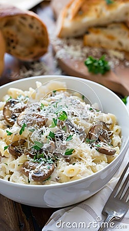 Mushroom Risotto Pasta with creamy risotto-style pasta and porcini mushrooms Stock Photo