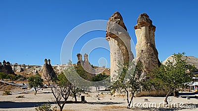 Mushroom shaped Fairy Chimneys in Pasabag Valley The Monks Valley,Goreme national park,Nevsehir Province.Cappadocia,Turkey. Stock Photo