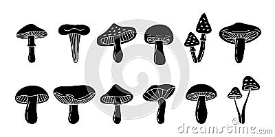 Mushroom sketch set. Poisonous and edible mushrooms hand drawn banner. Different black mushroom symbols. Chanterelle Vector Illustration