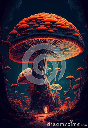 A Mushroom Wonderland: A House in the Middle of the forest in Red, Blue, and Black Light, with a Marihuana Pencil Illustration Cartoon Illustration