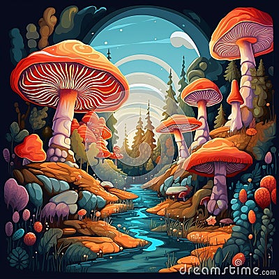 Mushroomed Wonderland: Journey into an Otherworldly Realm Stock Photo