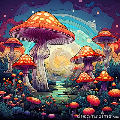 Mushroomed Wonderland: Journey into an Otherworldly Realm Stock Photo
