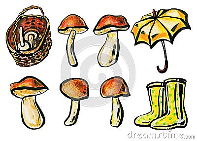 Mushrooms, basket, umbrella and boots Stock Photo