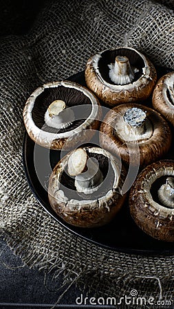 Mushrooms champignons on old burlap Stock Photo
