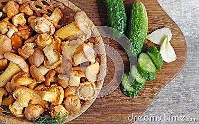 mushrooms chanterelles in a basket cucumbers Stock Photo