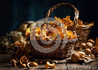Mushrooms chanterelles in a wicker basket on a wooden table. Autumn harvest Stock Photo
