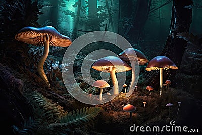Moonlit fantasy mushroom forest, white and red magical mushrooms. Cartoon Illustration