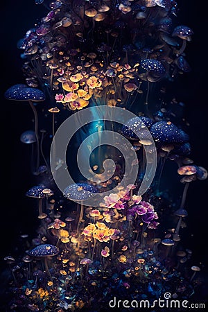 mushrooms and flowers, ultra detailed artistic photography, midnight aura Stock Photo