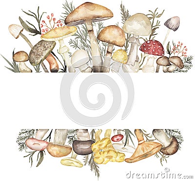 Mushrooms frame, Watercolor hand drawn fungi border illustration, Fungus wreath, Forest Leaves and florals arrangement, Autumn Cartoon Illustration