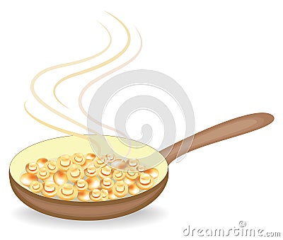 Mushrooms are fried in a skillet. Fast and nutritious food. Champignons are delicious and healthy for breakfast, lunch or dinner. Cartoon Illustration