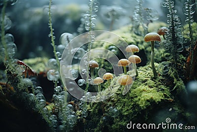 mushrooms growing on a mossy forest floor Stock Photo
