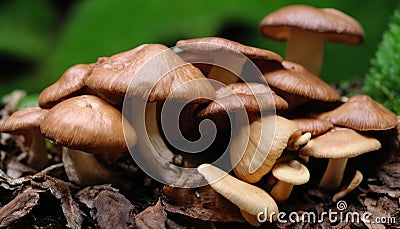 Mushrooms growing on a pile of leaves Stock Photo