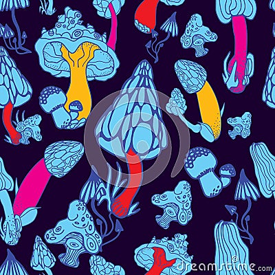 Mushrooms with hand drawn different shape. Stylized magic psychedelic mushrooms seamless pattern. Pink, blue, dark background. Vector Illustration