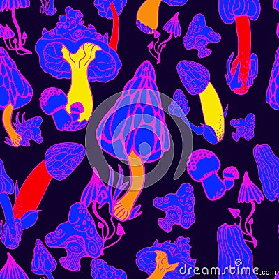 Mushrooms with hand drawn different shape. Stylized magic psychedelic mushrooms seamless pattern. Pink, purple, burgundy Stock Photo