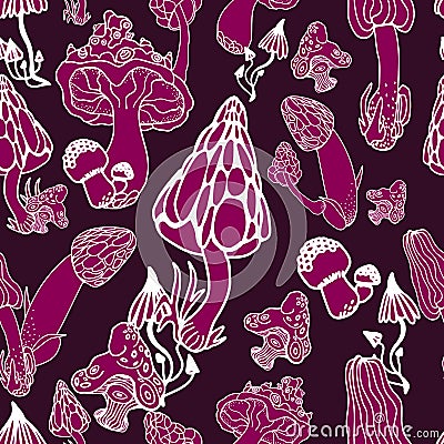 Mushrooms with hand drawn different shape. Stylized magic psychedelic mushrooms seamless pattern. Pink, white, burgundy background Vector Illustration
