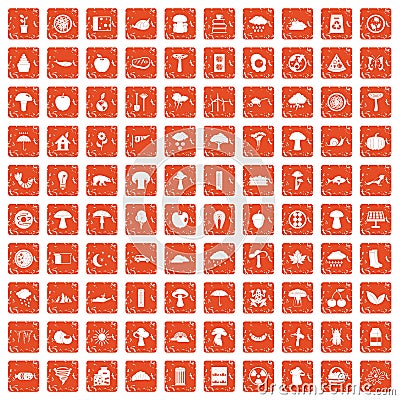 100 mushrooms icons set grunge orange Vector Illustration