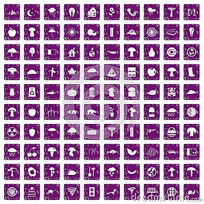 100 mushrooms icons set grunge purple Vector Illustration