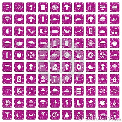 100 mushrooms icons set grunge pink Vector Illustration