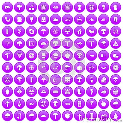 100 mushrooms icons set purple Vector Illustration