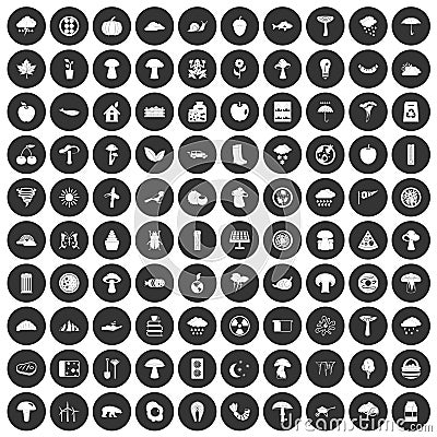 100 mushrooms icons set black circle Cartoon Illustration