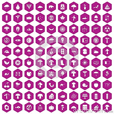 100 mushrooms icons hexagon violet Vector Illustration