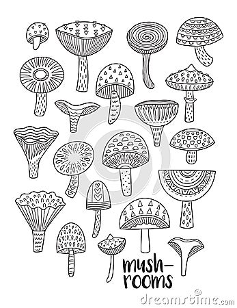 Mushrooms ink set. Coloring book page Vector Illustration