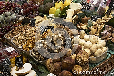 Mushrooms on market stall Stock Photo