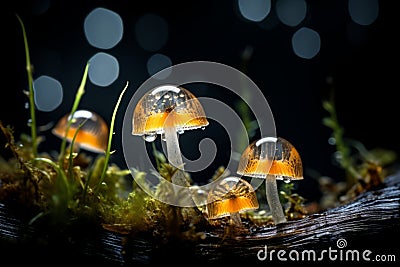mushrooms on a mossy branch in the dark Stock Photo