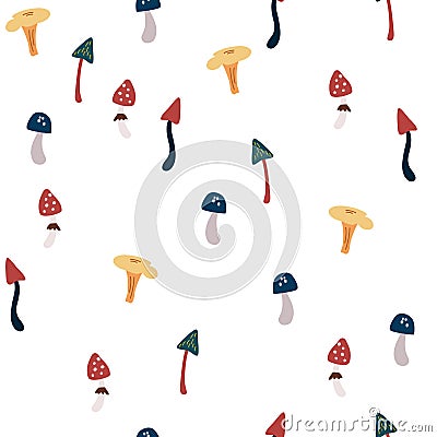 Mushrooms seamless pattern. Forest plants elements. Wild botanical set. Scandinavian style. Vector background for fabric, textile Vector Illustration