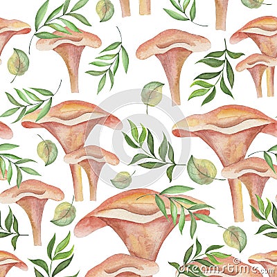 2559 mushrooms, seamless pattern, watercolor illustration, image of mushrooms and leaves, ornament for fabric and wallpaper, wrapp Cartoon Illustration