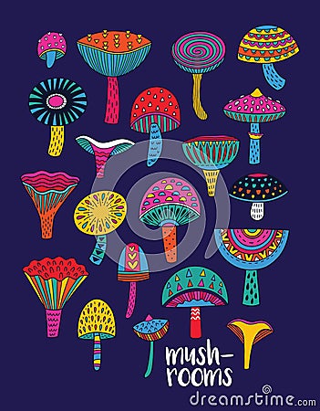 Mushrooms set in hallucinogenic colors Vector Illustration