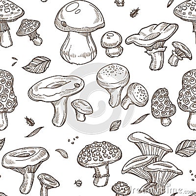 Mushrooms sketch seamless pattern. Vector edible illustration Vector Illustration