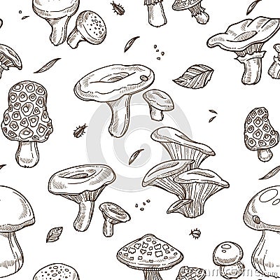 Mushrooms sketch seamless pattern. Vector edible illustration Vector Illustration